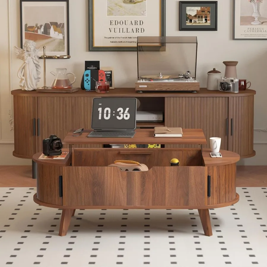 Mesa de centro pequeña con tapa elevable y puerta de pandereta corredera, mesa de centro curvada moderna de mediados de siglo 47,3 con mesa central ovalada de almacenamiento