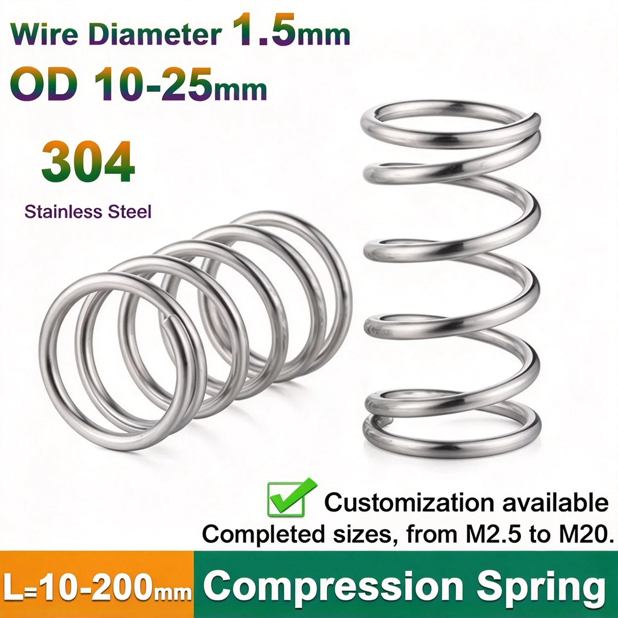 1.5mm Compression Spring Cylindrical Helical Coil Compressed Backspring Shock Absorbing Pressure Return Springs OD=10-25mm