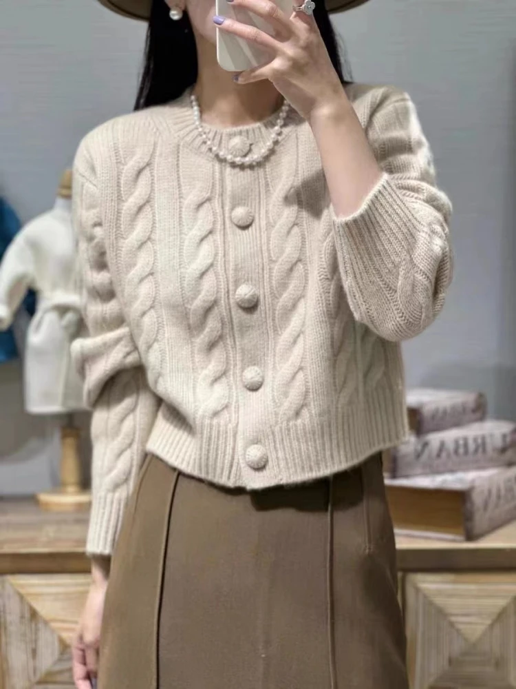 BELIARST 2024 Spring Clothing New 100% Merino Wool Sweater Women\'s Round Neck Twisted Cardigan Fashion Short Knitted Top jacket