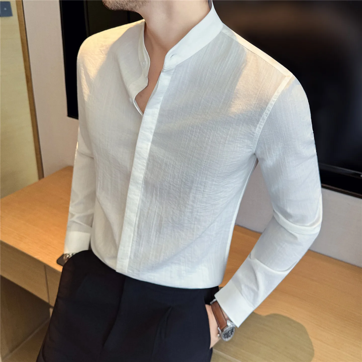 Autumn High-quality Stand Up Collar Shirt for Men Long Sleeve Casual Business Dress Shirts Fashion Office Social Men's Clothing