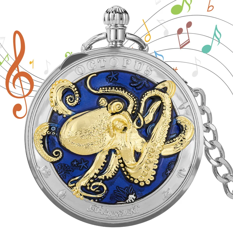 Antique Bronze Octopus Embossed Musical Pocket Watch Quartz Movement Watches with Castle in the Sky Tune Playing Song Clock