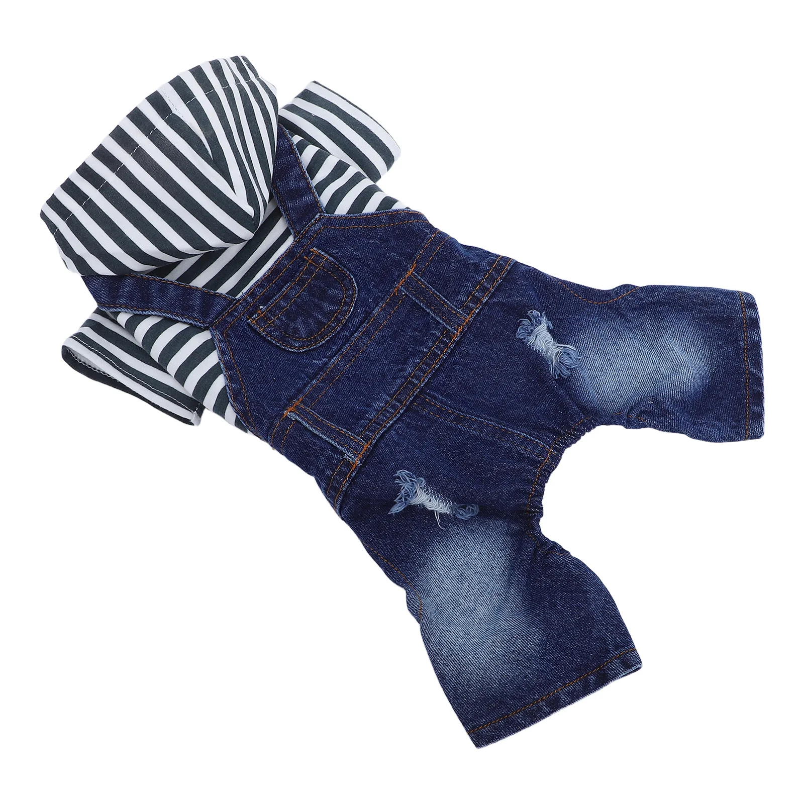 

Durable Denim Pet Dog Clothes Stripe Hood Jumpsuit Suspenders Unique Design Charming Warm Outdoor Sleep Photos