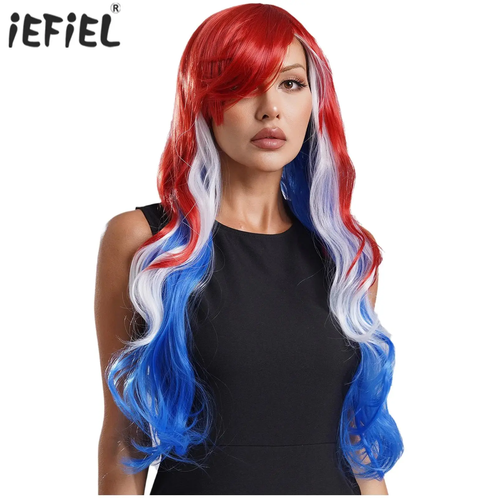 

Womens Japanese Anime Role Contrast Wig Red Blue Gradient Long Curly Human Hair Wig for Halloween Cosplay Party Comic Con