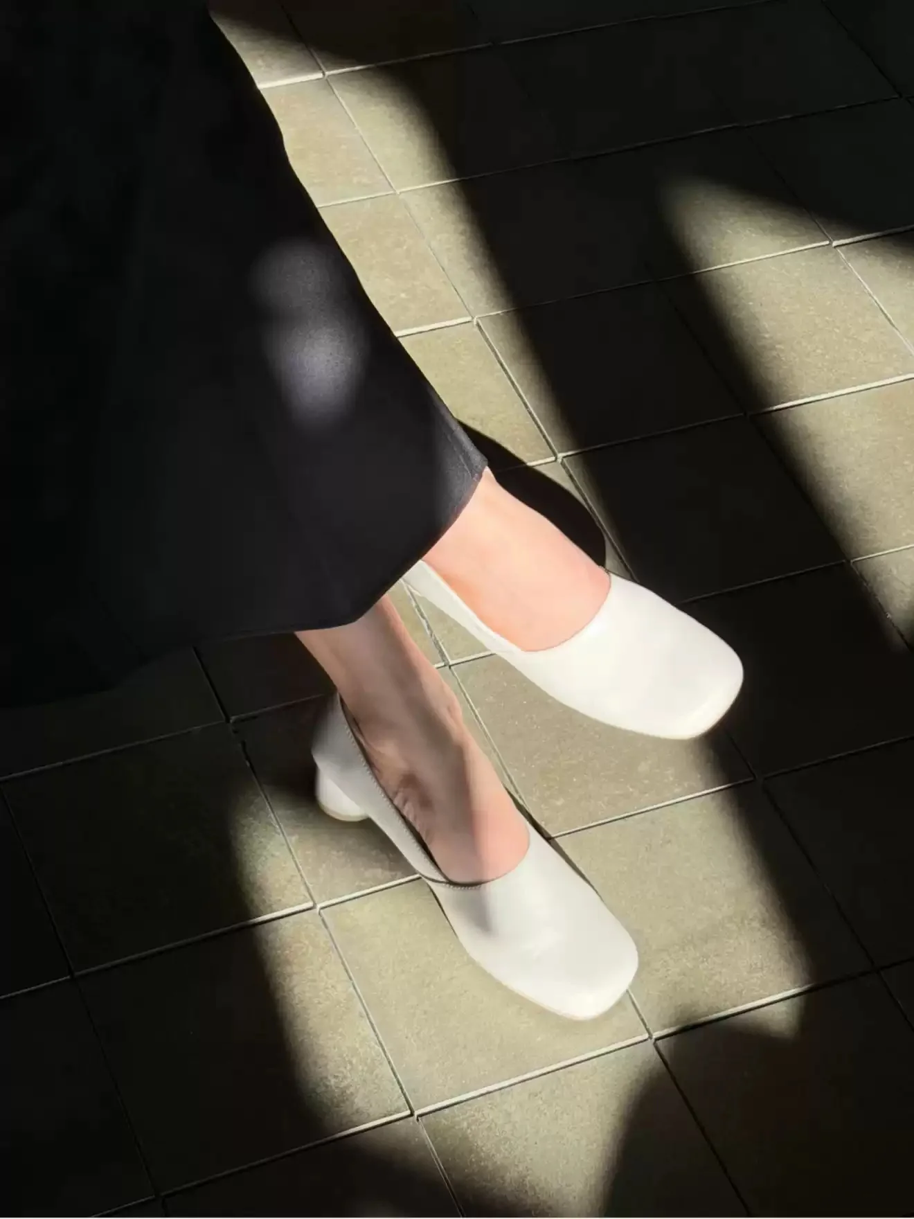 Cream White Leather Square Toe Round Block Heel Pumps Slip On Ladies Office Commute Soft Elegant Minimal Dress Walking Footwear