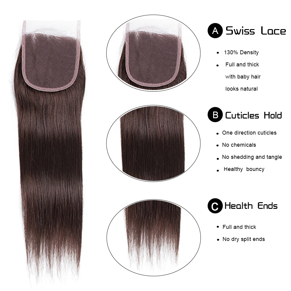 Brown Straight 4*4 Lace Closure With Bundles Brazilian Color 4# 2/3 Human Hair Bundles With Closure HairUGo Color 2 Hair Weaving