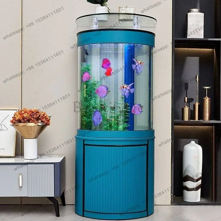 Living room household glass water-free ecological semi-circular bottom filter floor-to-ceiling aquarium against the wall