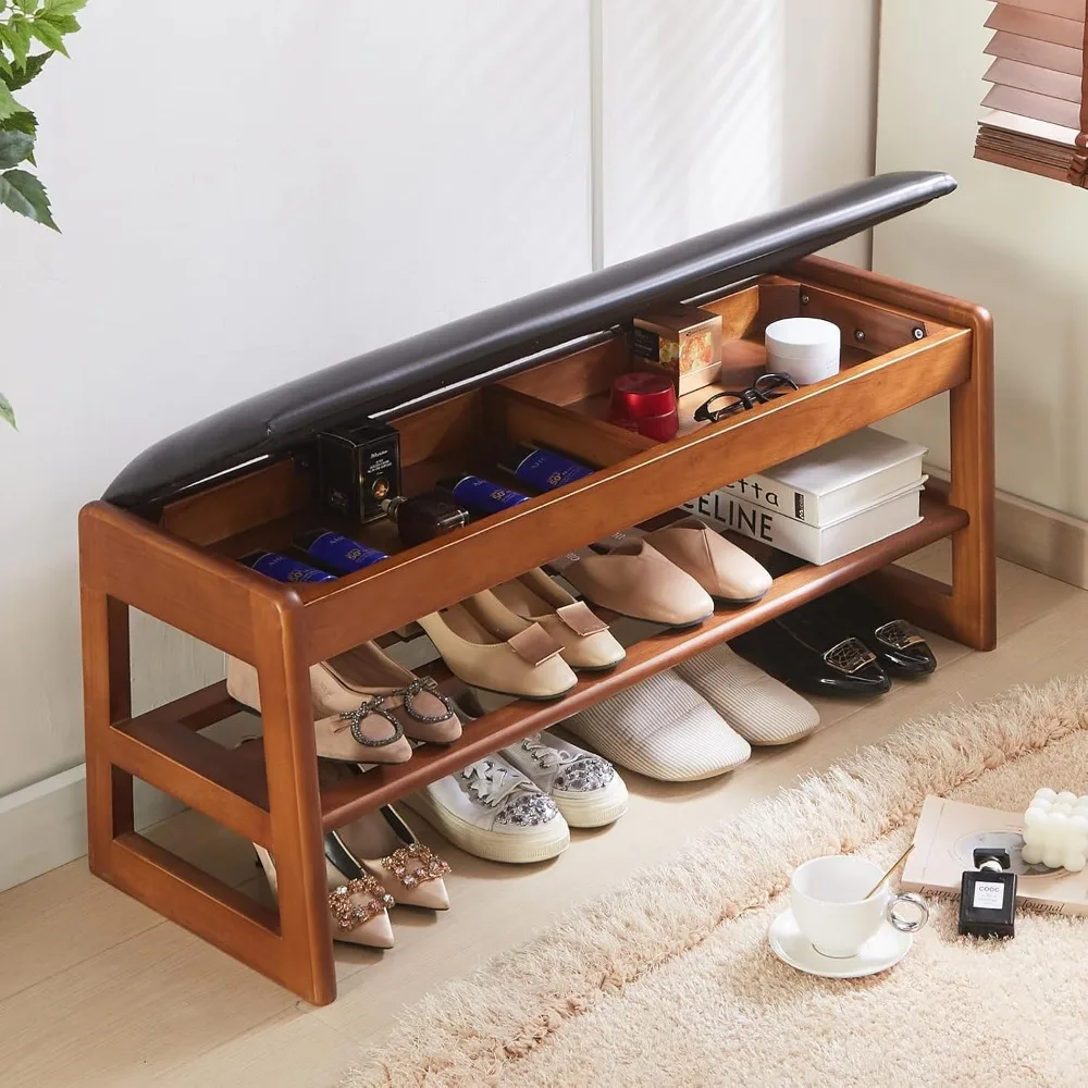 

Solid Wood Shoe Rack for Entryway, 40" Shoe Storage Bench with Cushion, PU Upholstered 2-Tier Shoe Bench, Flip-Open Storage Comp