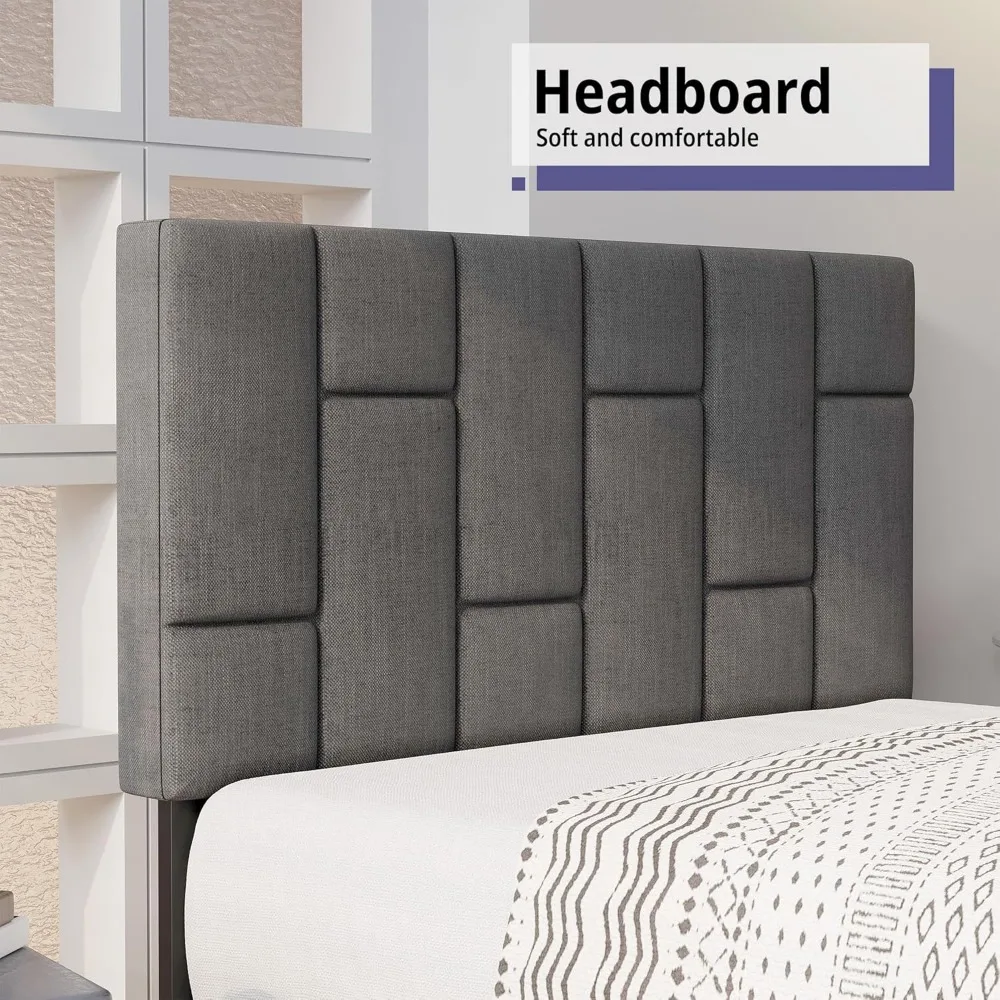 Estrutura de cama de solteiro, cama de plataforma estofada moderna com cabeceira, sem ruído, sem necessidade de molas, cinza
