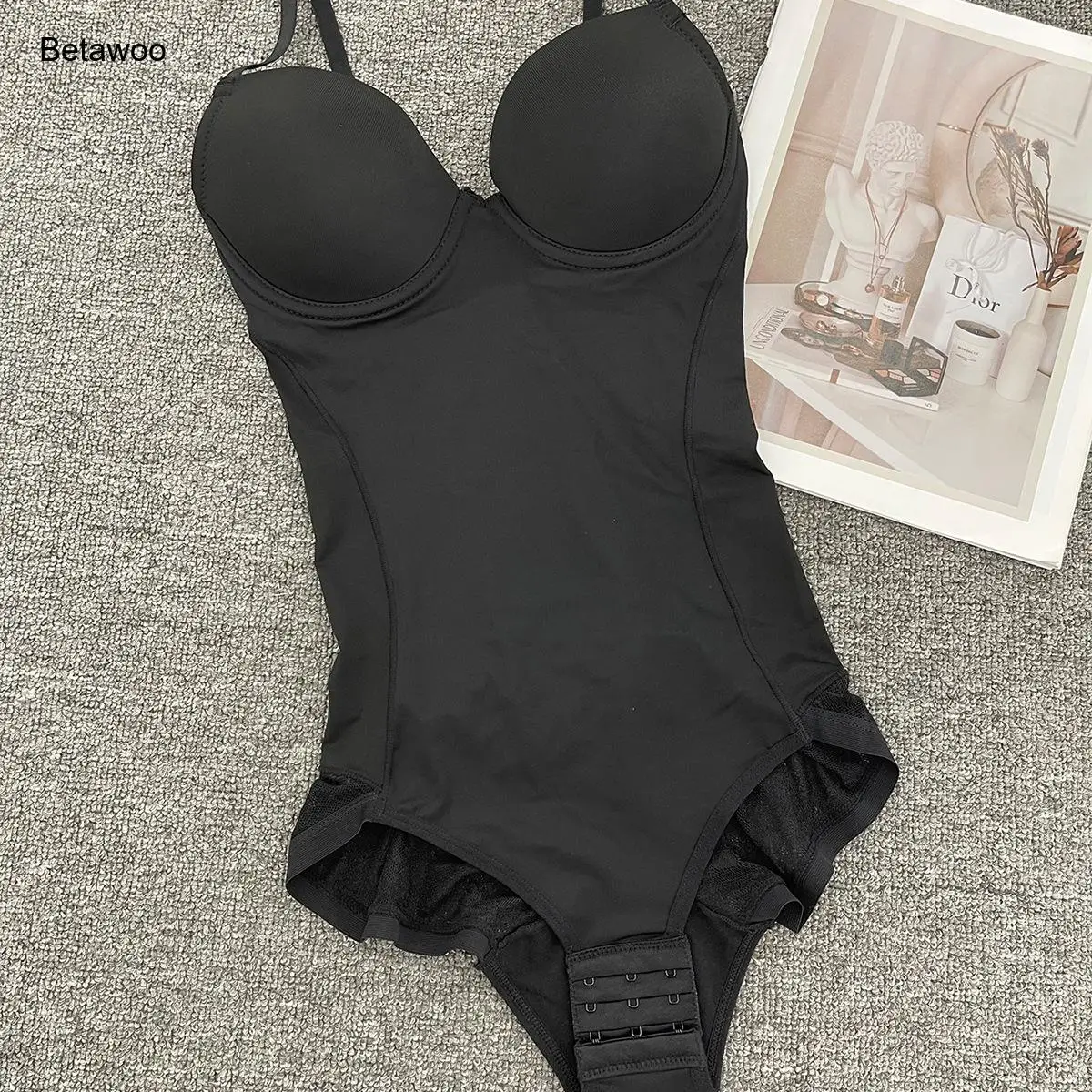 Women Solid Black Spaghetti Strap Push Up Bra Slim Fit Seamless Shapewear Bodysuit