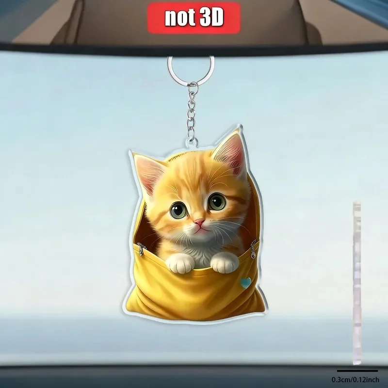 2D Pocket Cat Acrylic Keychain – Heart Pendant, Gift for Christmas Halloween & Holidays