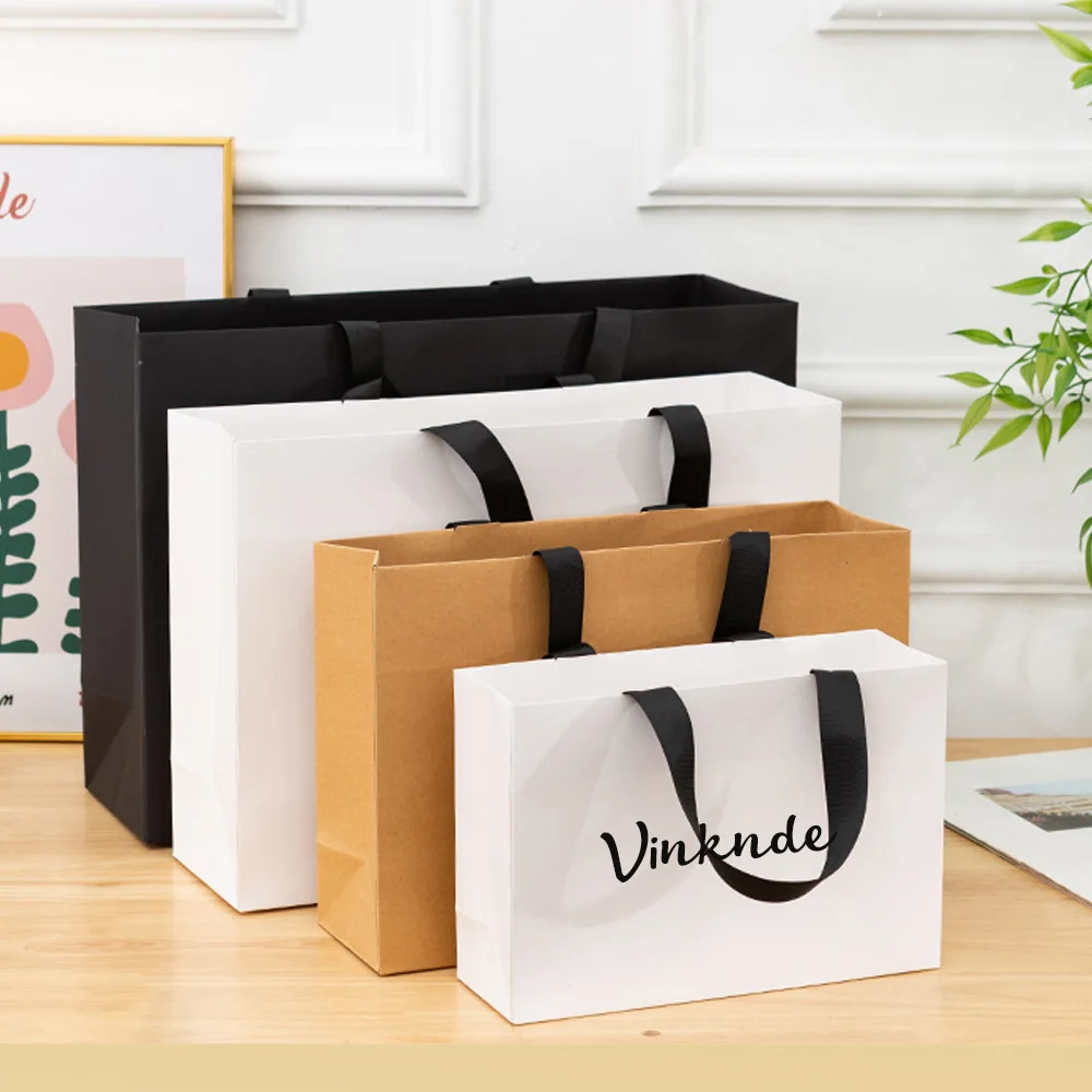 

Customized Logo Thank Your Paper Gift Bags Wholesale White Black Brown Kraft Paper Tote Bag Shopping Handbag Package Dust Sack