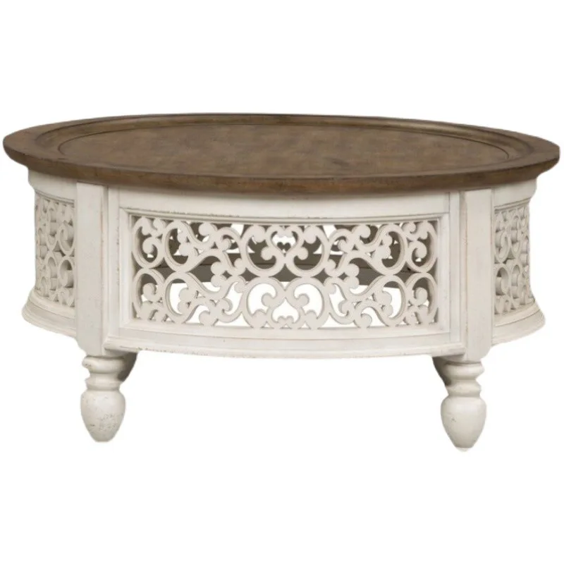 

French American solid wood retro living room round coffee table black old small apartment balcony rattan art small tea table