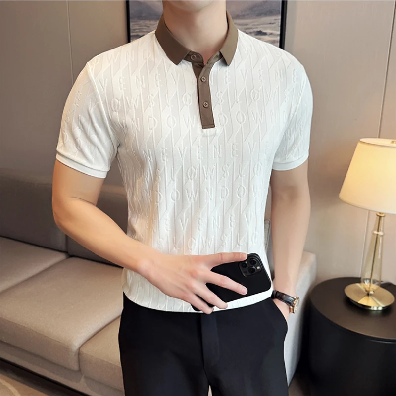 

2024 Summer Letter Jacquard Polo Shirt for Men Fashion Short Sleeved Contrast T-shirt Male Casual Business Lapel Tee Tops M-4XL