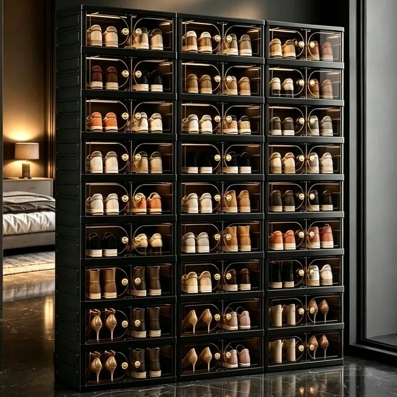 Black 9/6 tier All-In-One Tool-Free Foldable Shoe Storage Bin, Modular Shoe Storage Cabinet, Portable Household Transparent Shoe Display Box, Closed Entryway Space-Saving Shoe Rack, Easy To Assemble, For Sneakers, Trainers, Boots, Sandals & High Heels