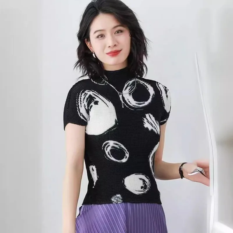  Pleated Corn Grain T-Shirt Summer New Fashion Print High Neck Pullover Short Sleeve Stretch Lightweight Women's Tight Top