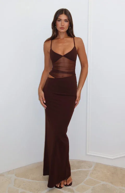 Sommerkleid für Damen, sexy, mit Mesh-Einsätzen, asymmetrisch, mit Hohlmuster, Trägerkleid in Uni-Farbe - Abschlusskleid – Detail 3