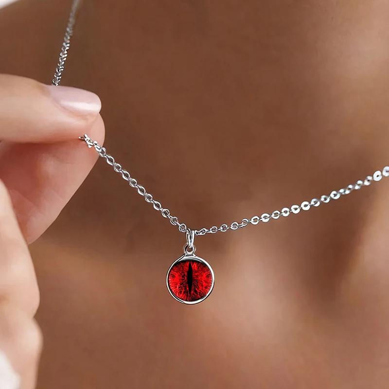 Red Cat Eye Charms Necklace Dragon Eyes Photo Glass Cabochon Handmade Stainless Steel Necklaces Silver Chain Jewelry