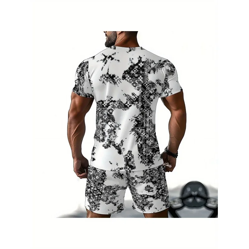 2025 Fashionable and Trendy 3D Printed Round Neck T-shirt Shorts Set Casual Sports Style Outdoor Polyester Fiber Two-piece Set