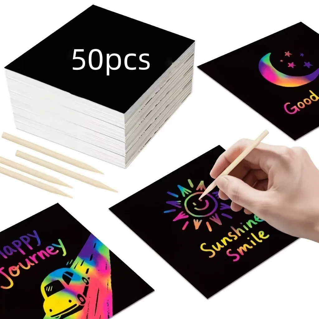 55 pieces of magic DIY scratch paper with 5 bamboo sticks - Rainbow Art Scratch Painting Set, ideal for holiday gifts