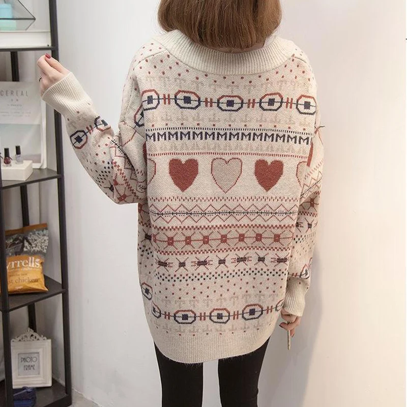 2023 Winter Women Vintage Jacquard Single Breasted Outewear Knitted Cardigan Female Casual V Neck Long Sleeve Loose Sweater Coat