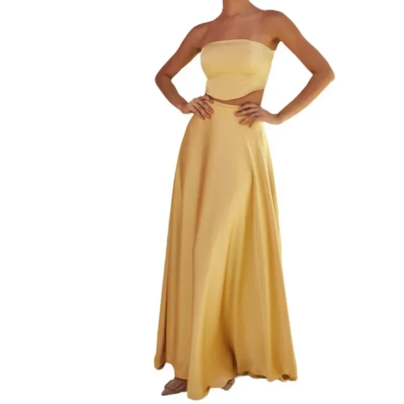 Women Party Two Piece Sets Skirt Outfits Short Top Sleeveless Backless Solid Color Strapless Sexy Ensemble Long Skirts Suit