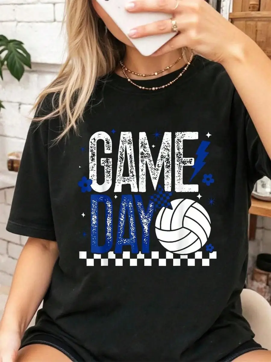 100% Cotton Volleyball Game Day Girls Checkered Mom Blue White T-Shirt Graphic Shirt Women
