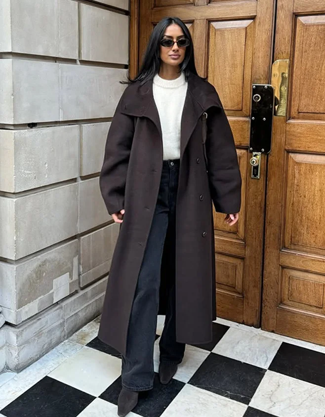 

Casual Woolen Long Coat Women With Belt Stand Collar Single Breasted Full Sleeve Jacket 2025 Autumn Winter Solid Lady Outwears