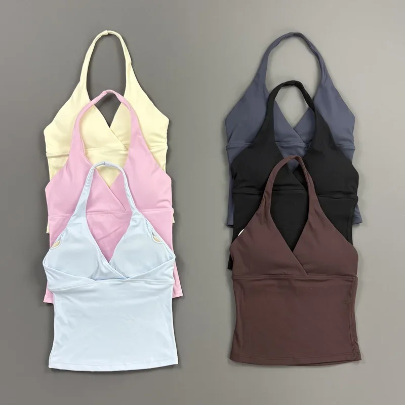 Origin Halter Top Women Gym Tank Top Deep V-Neck Open Back Running Training Vest Pilates Running Workout Fitness Yoga Sportswear