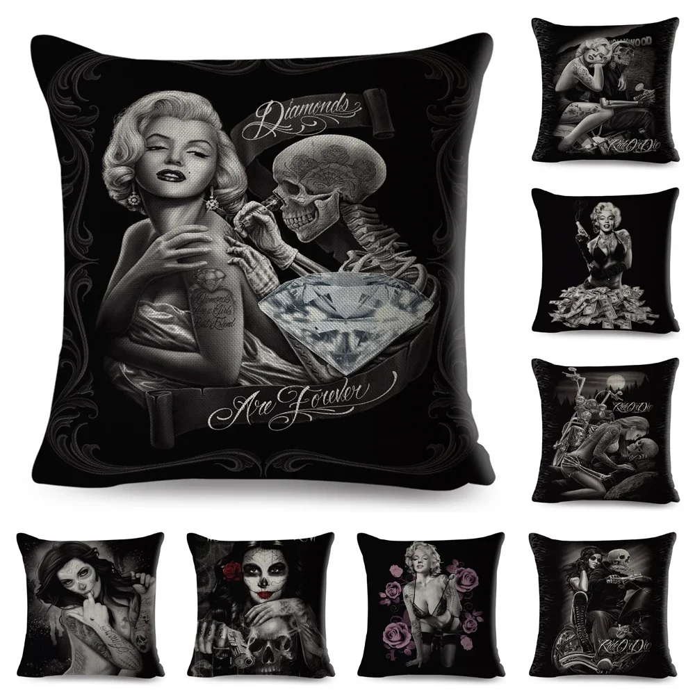 غطاء وسادة بطباعة كرتونية ، غطاء وسادة بتصميم جمجمة مثير للنساء والفتيات ، للأريكة ، المنزل ، السيارة ، البوليستر ، 45x45 سم