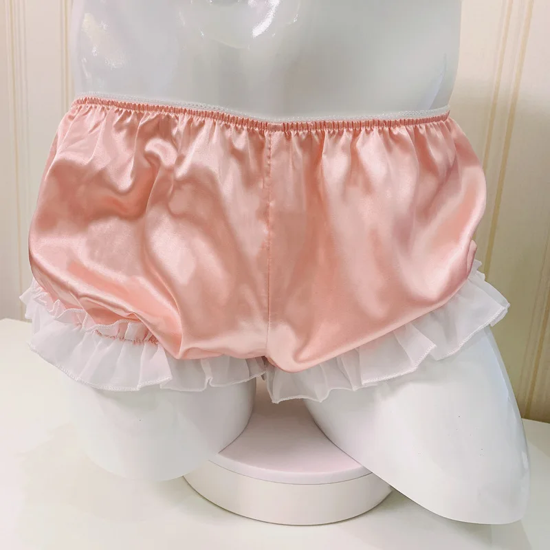 Male Sissy Lingerie Men Shiny Satin Briefs Ruffled Tiered Skirt Panties Underwear Shorts Lolita Knickers Pumpkin Pants