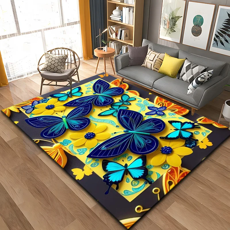 Dream Butterfly Flower Area Rug Large,Carpet Rug for Home Living Room Bedroom Sofa Doormat Decor,Kid Play Non-slip Floor Mats