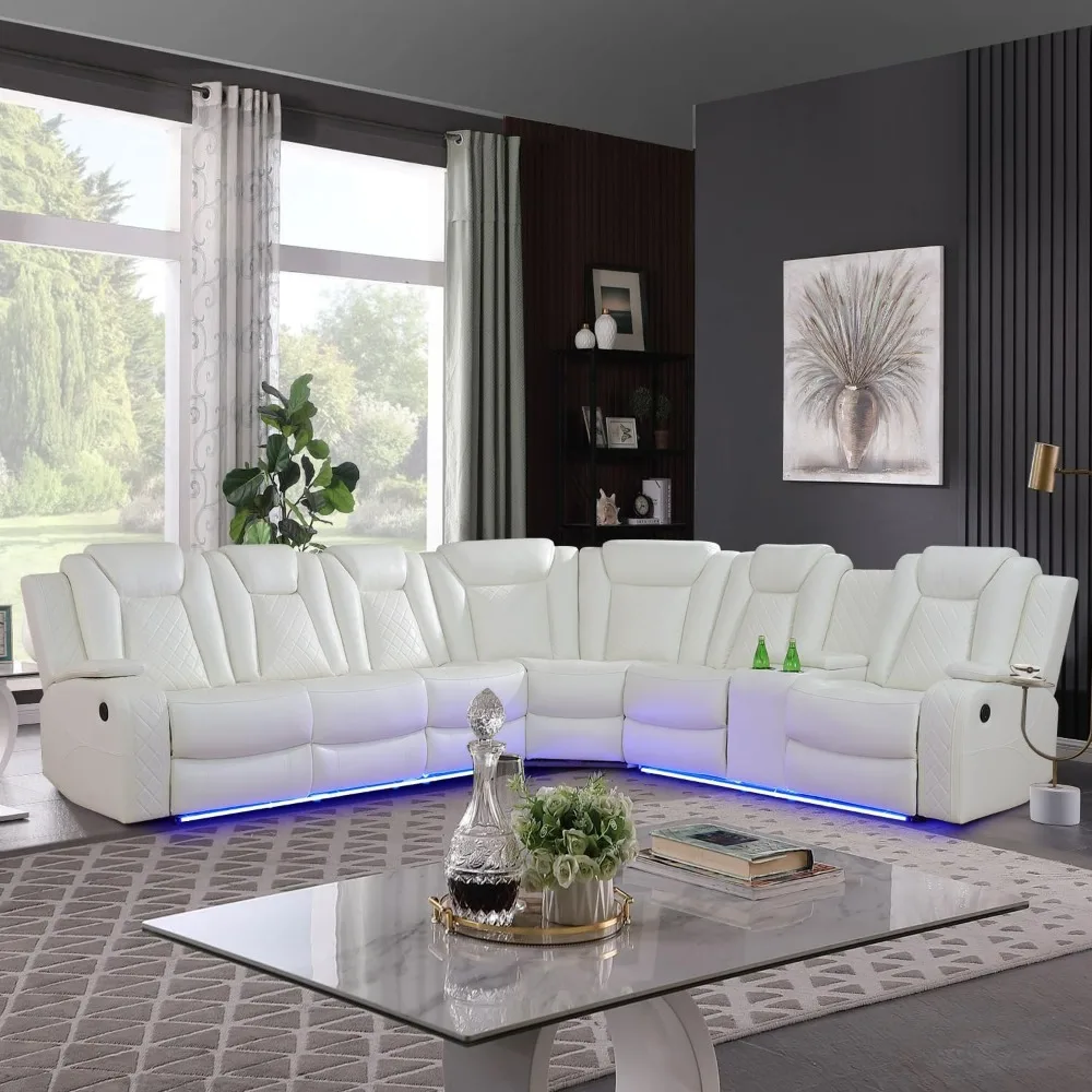 

Power Reclining Sectional Sofa for Living Room Furniture，Luxurious White Leather Recliner Sectional Couch L Shaped Sofa Home