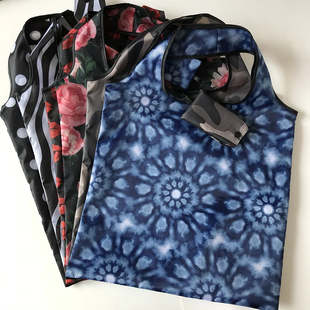 Fashionable Full-page Print Polyester Foldable Shopping Bag Recycled Large Capacity Storage Tote Bag with Custom Print