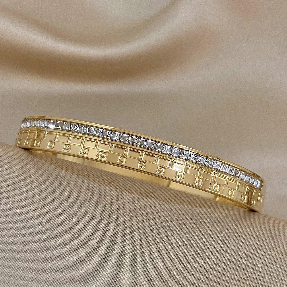 Freetry Trendy Stainless Steel Square Cubic Zirconia Bangles Luxury Geometric Bracelets for Women Charm Waterproof Jewelry