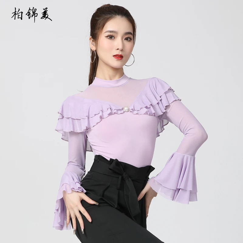 

Modern dance top women's new Latin dance long-sleeved dance practice uniform, mesh high neck national standard dance slim perfor