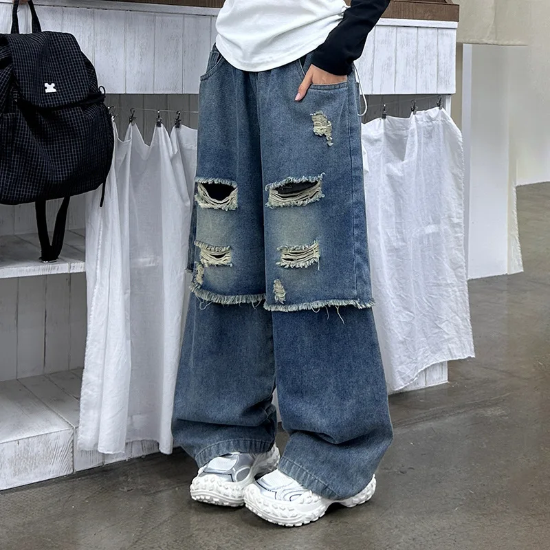 Girls' Trendy Ripped Jeans Straight-Leg Pants Autumn Fashion Trousers Cool Fall Style Children's Clothing