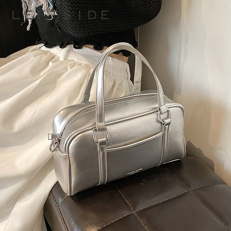 Design Small PU Leather Short Handle Shoulder Bag For Women 2024 Korean Fashion Handbags Females Simple Silver Crossbody Bags