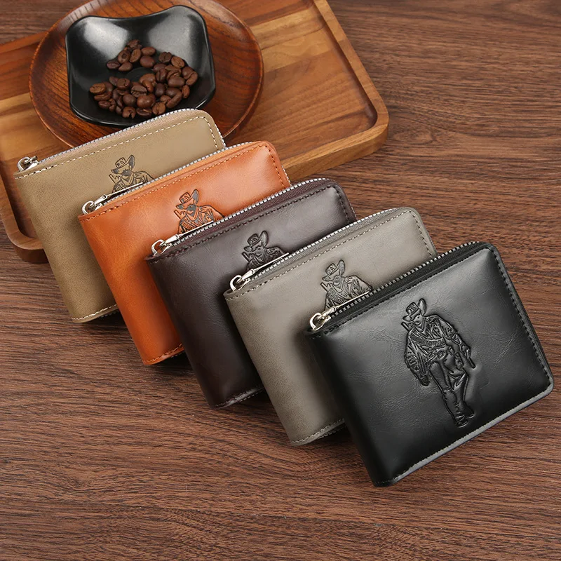 Vintage Men's Wallets Personalized Hunter Pattern Men Bifold Wallet Horizontal Around Zipper Multi Card Holder Coin Purse