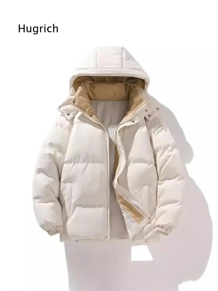 Male Solid Cream White Hooded Padded Puffer Jacket Full Zip Side Pockets Elastic Cuff Drawstring Hem Warm Fall Winter Daily