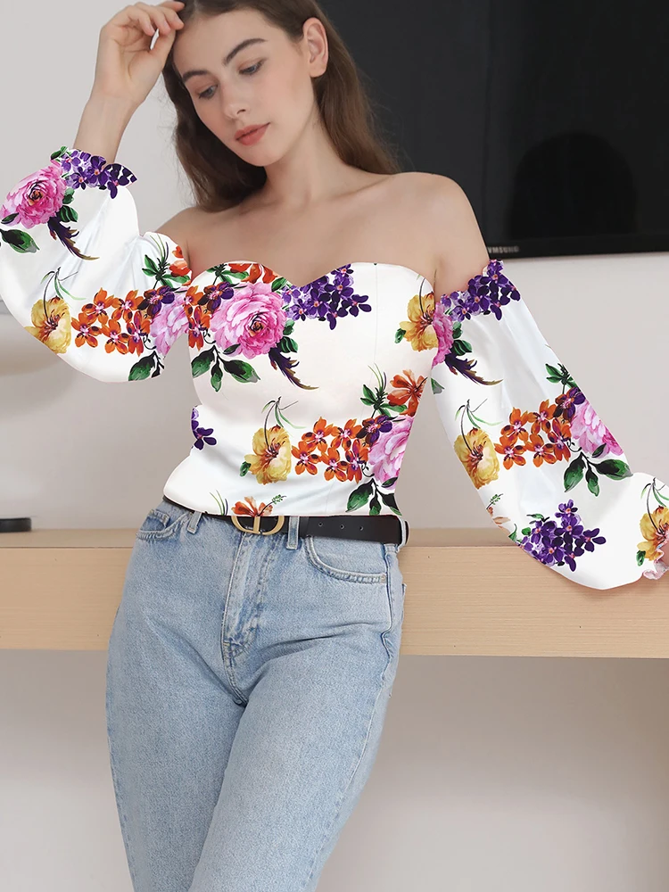 Elegant Floral Blouses For Women Sexy Backless Off Shoulder Crop Top Youth White Blouse Fashion Summer Women Clothing 2024