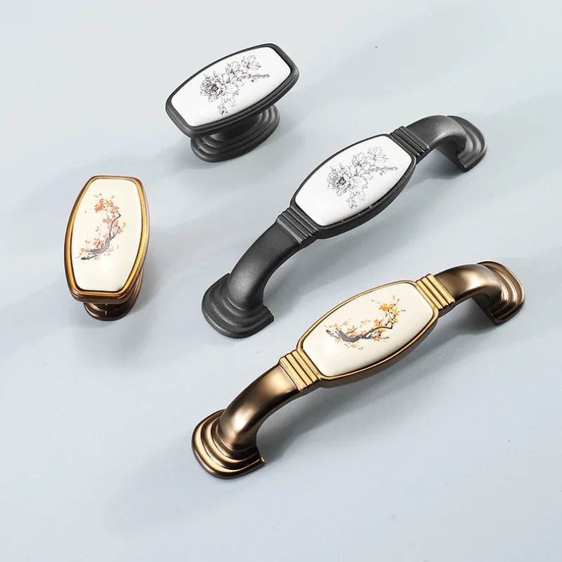 Vintage Zinc Alloy+Ceramic Cabinet Knobs and Handles European Style Gold/Black Kitchen Door Handle Pulls Furniture Hardware