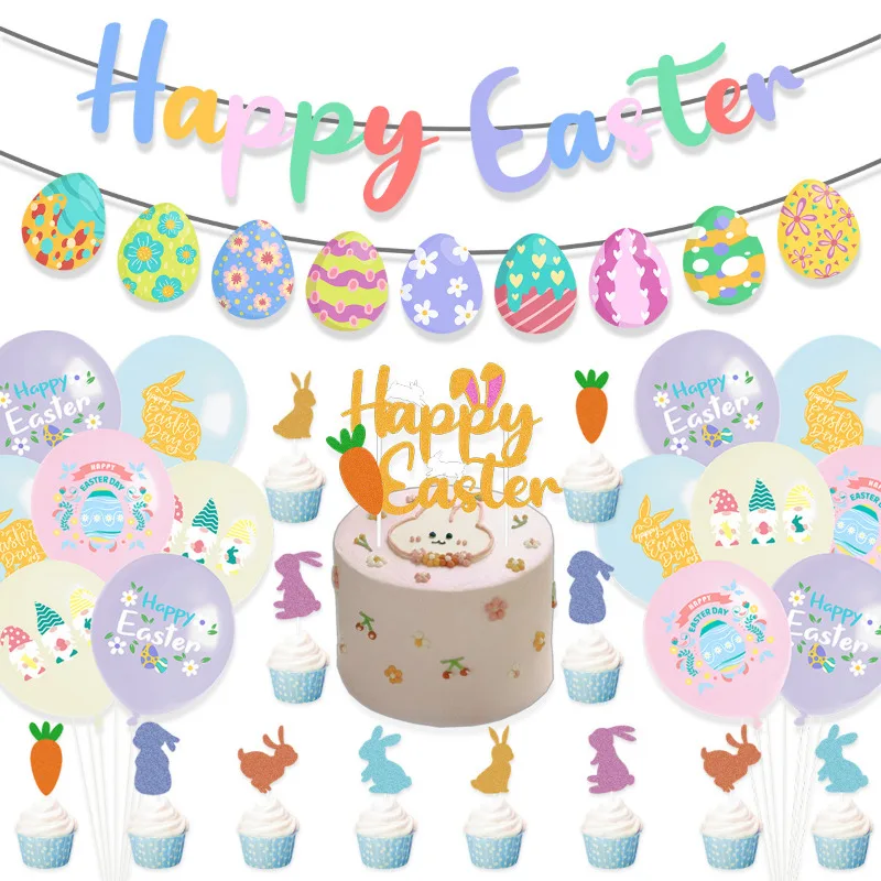 Pastel Colourful Easter Party Decorating Set HAPPY EASTER Letters Eggs Banners Balloons Spiral Rabbit Streamer Cake Toppers Set