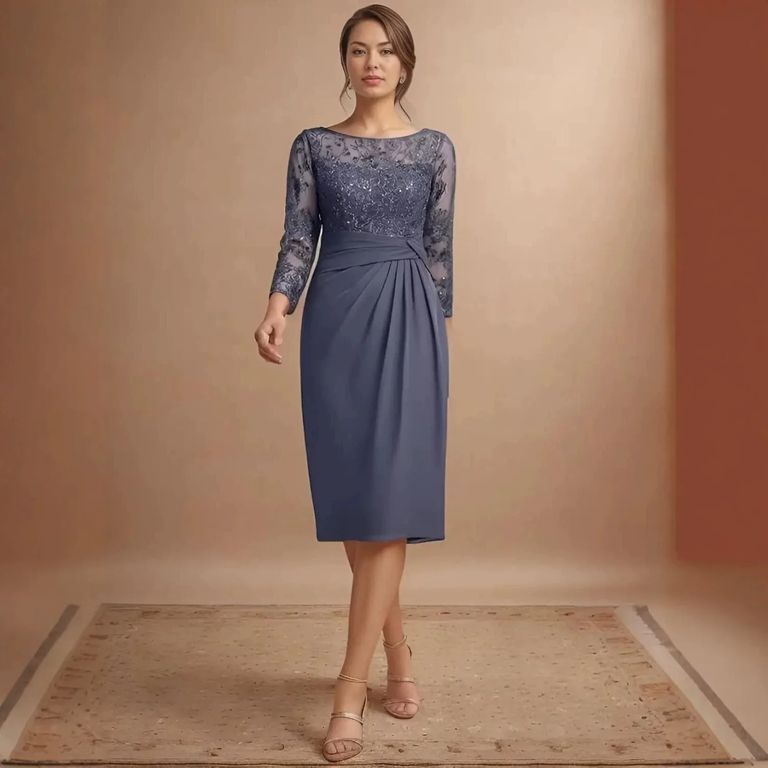 

QMANSHA Custom Made Dusty Blue Lace Chiffon Formal Party Dress Knee-Length Mother of The Bride Evening Gown with Ruched Waist