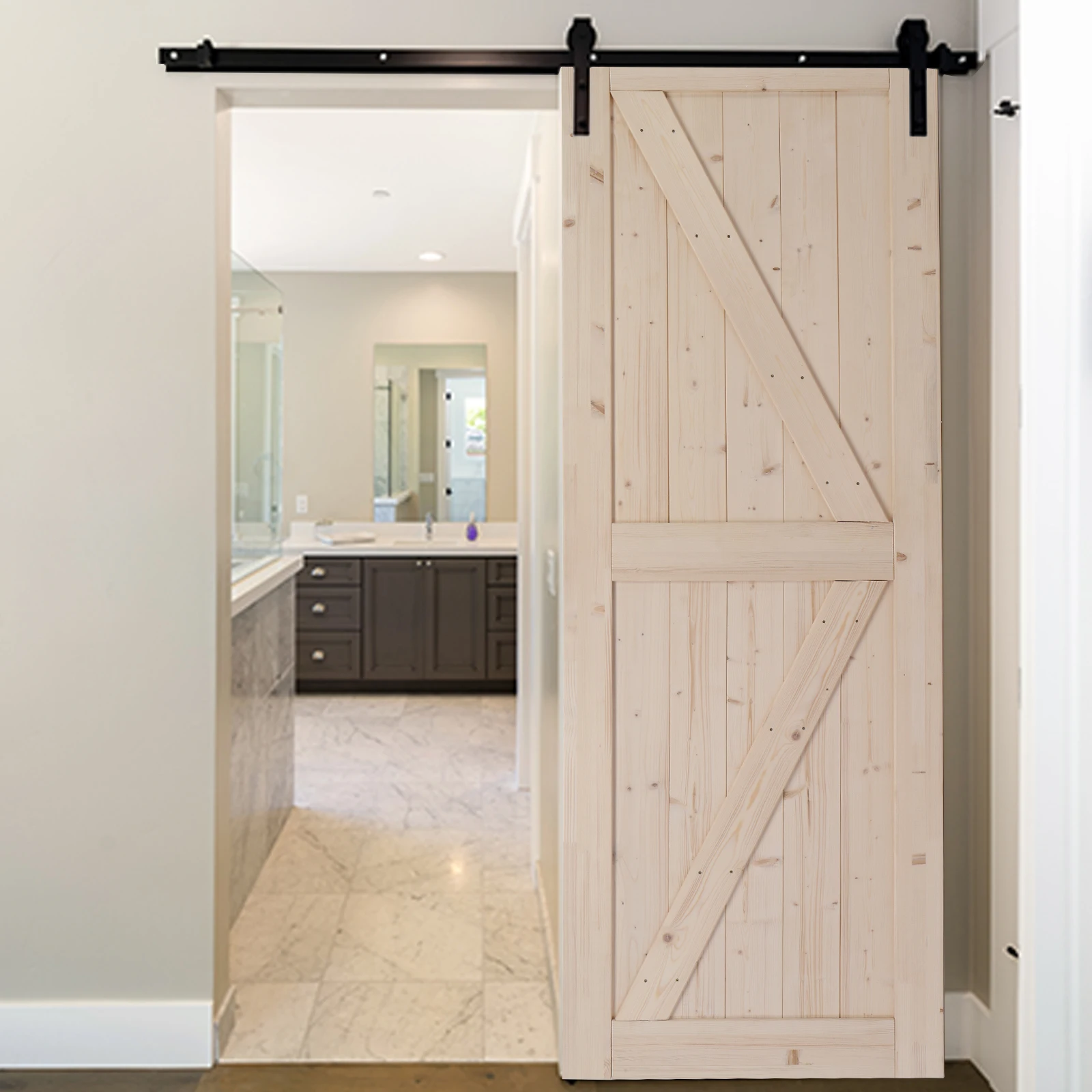 

30 in. x 84 in. Unfinished Sliding Barn Door with 5.5FT Barn Door Hardware Kit & Handle ，K Frame，Solid Spruce Wood