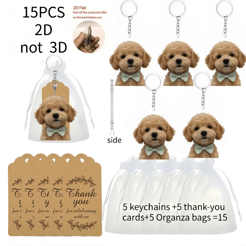 5sets Cute Puppy Keychain Includes 2D Acrylic Pendants & Thank You Cards & Gift Yarn Bags For Friends Keys Backpacks Decoration