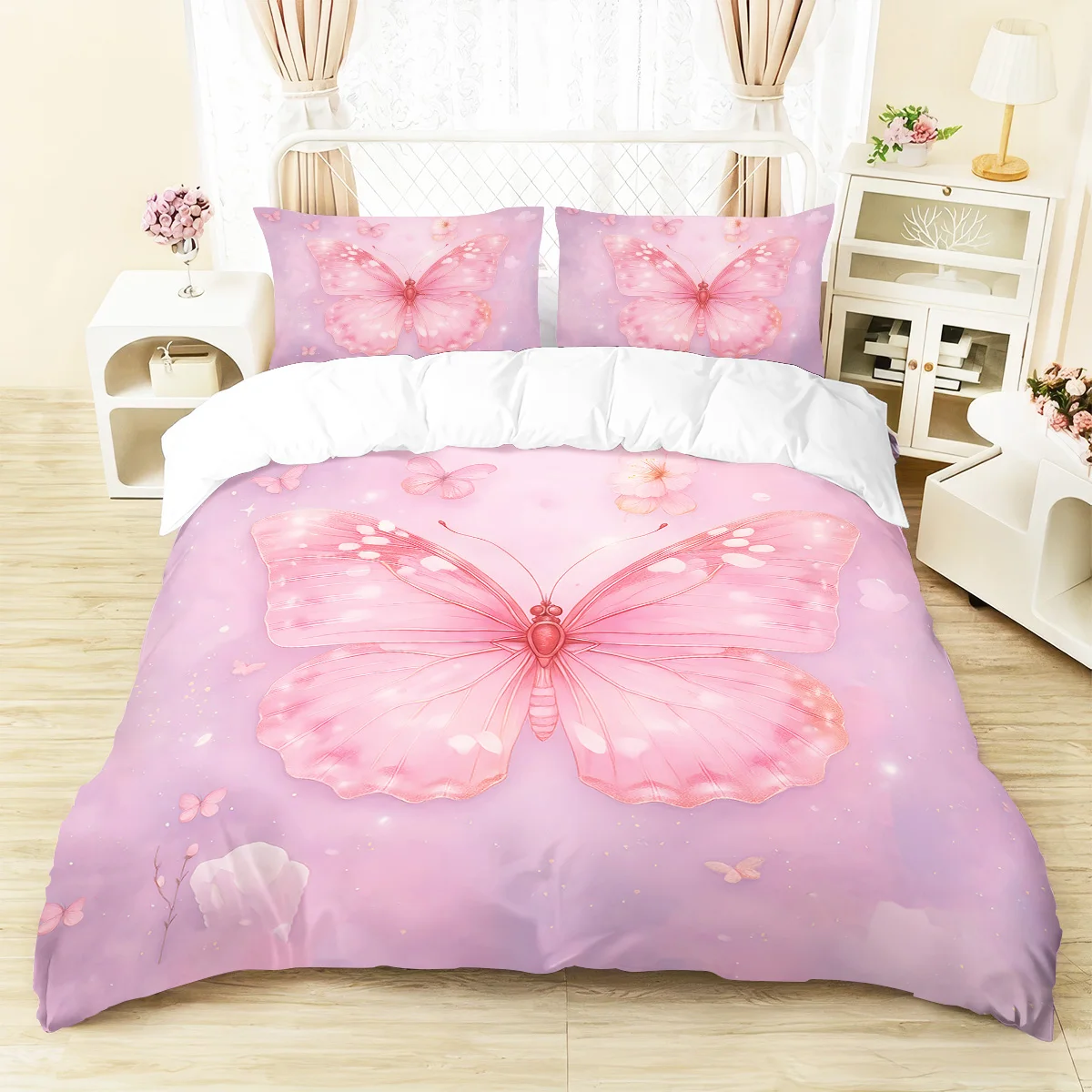 

3pcs Pink Bedding Set Beautiful Butterfly Printed Cozy Soft Duvet Cover King Queen Twin Size Birthday Gift Adult Bedroom Decor