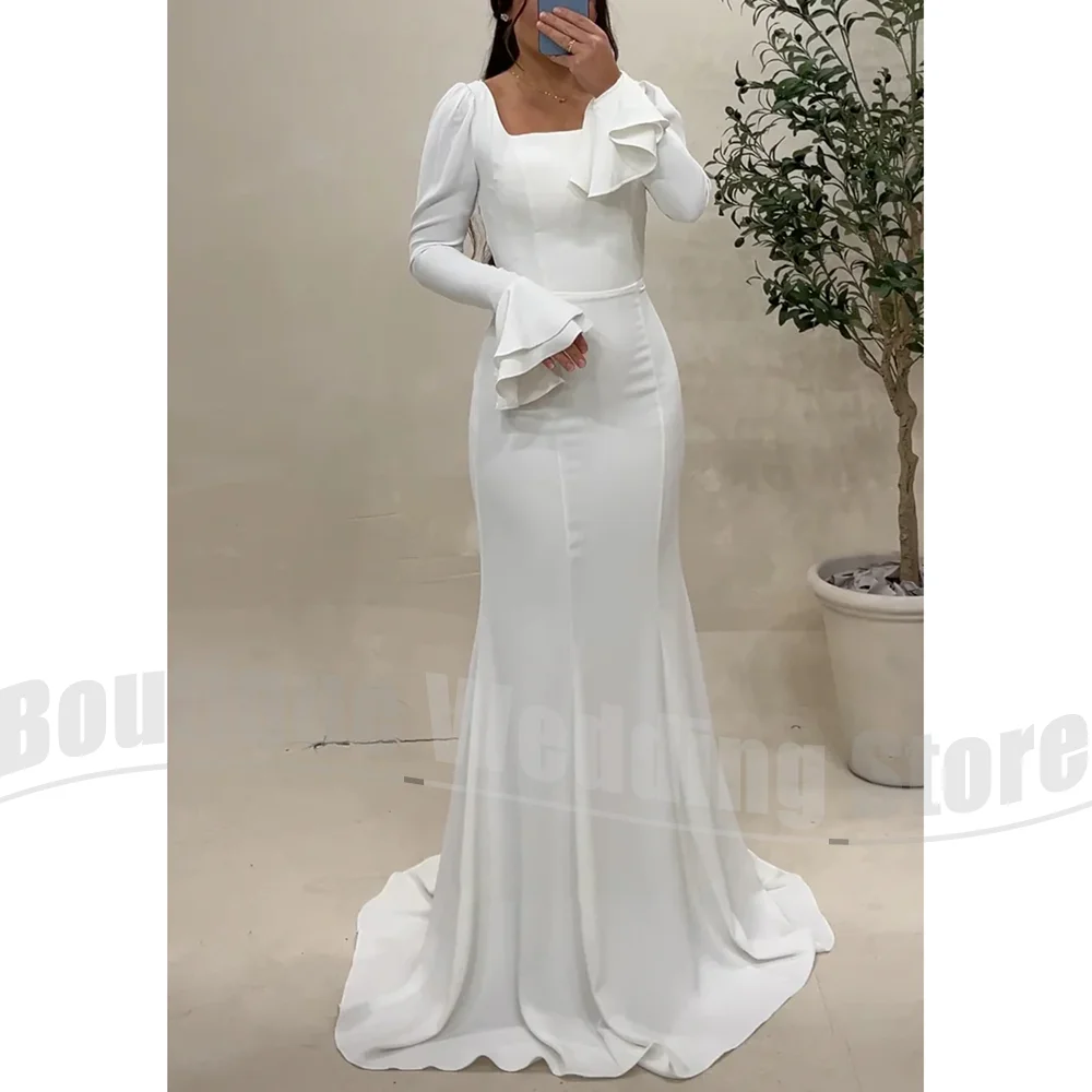 

Prom Dresses for Women Square Collar Mermaid Wedding Party Gowns Long Flare Sleeves Floor Length High Waist Evening Dresses