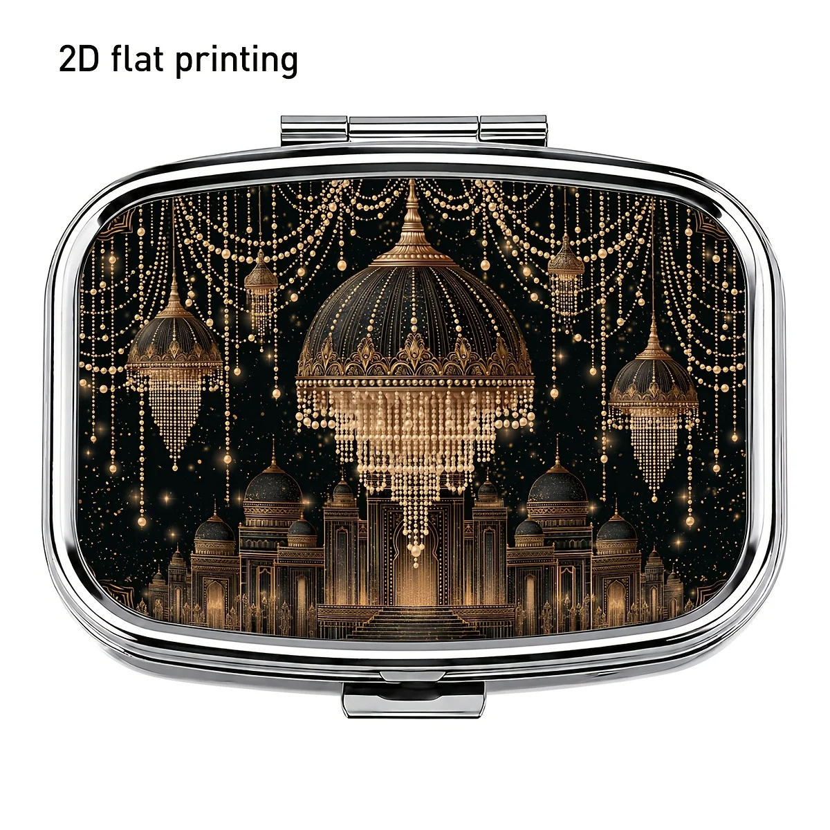 Gorgeous Black and Gold Vintage Palace-Style Crystal Chandelier Patterned Square Small Pill Box, Two-Compartment Portable Storage Box, Small Item Jewelry Medicine Vitamin Carry-On Storage Box, Reasonable Dual-Slot Design, Ultra-Lightweight, Suitable for Outdoor Adventures and Home Use, High-Value Creative Gift, Versatile Little Accessory, Companion for Long and Short Trips, Moisture-Proof and Durable, Pocket-Sized and Charming.