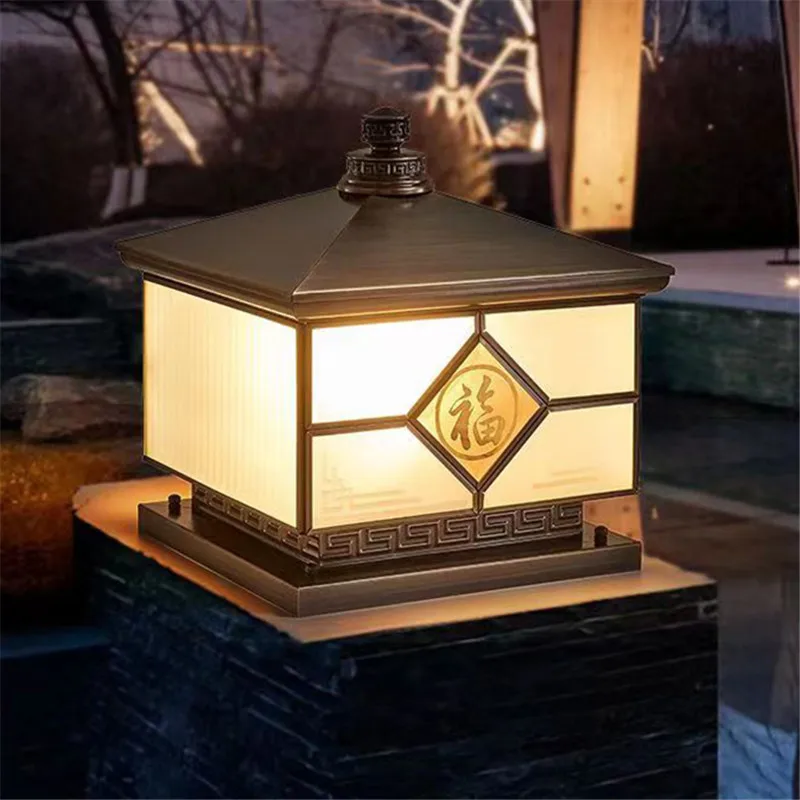 OUFULA Outdoor Solar Post Lamp Vintage Creative Chinese Brass  Pillar Light LED Waterproof IP65 for Home Villa Courtyard