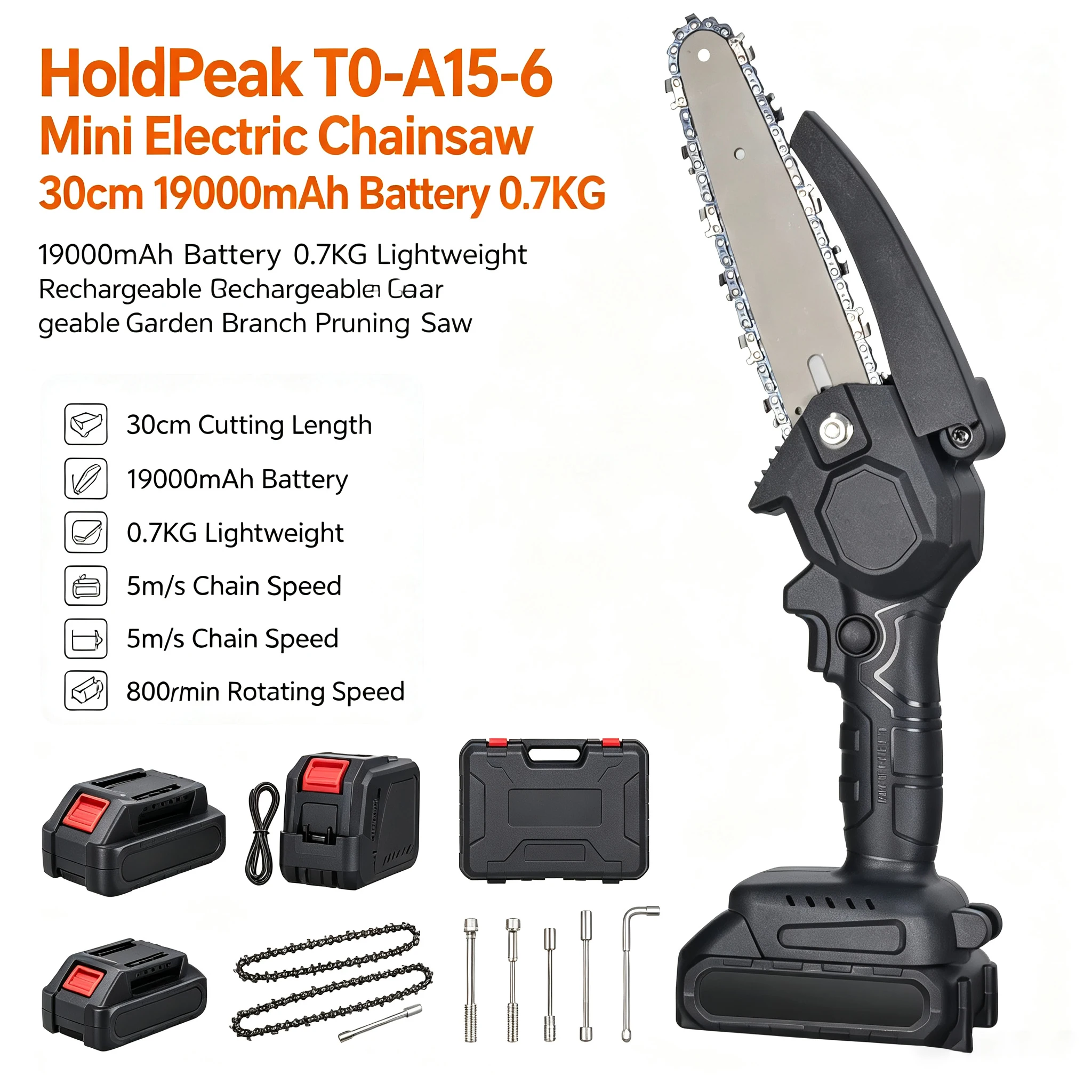 Mini Electric Chainsaw HoldPeak T0-A15-6 30cm 19000mAh Battery 0.7KG Lightweight Rechargeable Garden Pruning Branch Saw